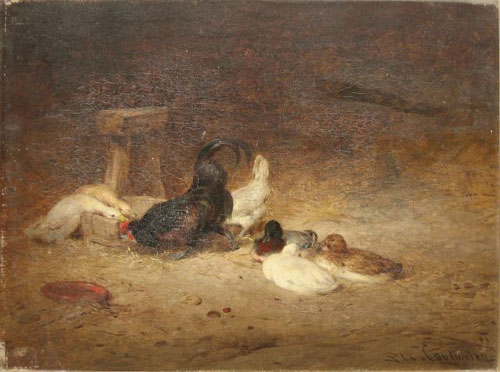 Canards coq et poules dans une étable  par Philibert Léon Couturier