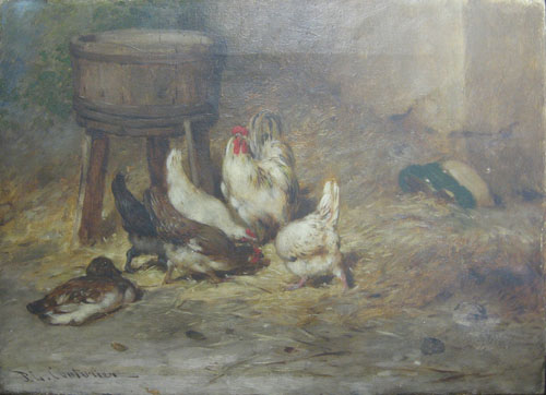 Un canard, poules et coq  par Philibert Léon Couturier