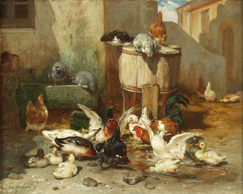 Canards et poules dans une mare d'eau par Philibert Léon Couturier